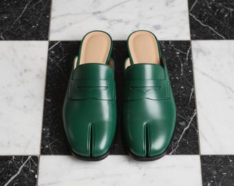 Mocasines Tabi de cuero verde hechos a mano, estilo mules japoneses con puntera dividida
