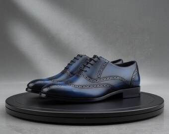 Sapatos Oxford Brogue de Couro Feitos à Mão para Homens | Sapatos Sociais Formais com Ponta de Asa | Calçados de Luxo