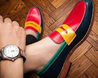Mocassins penny en cuir multicolores faits main - Mocassins unisexe color block