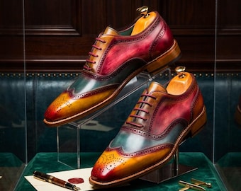 Hand Painted Leather Oxford Shoes Men, Multicolor Wingtip Brogue Dress Shoes, Luxury Custom Formal Shoes, Mens Wedding Shoes