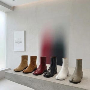 Op de afbeelding: Zes paar enkellaarsjes met split-teen in verschillende kleuren: bruin, bordeauxrood, zwart, wit en grijs. De laarzen staan op een betonnen plank. De laarzen hebben een lage hak.