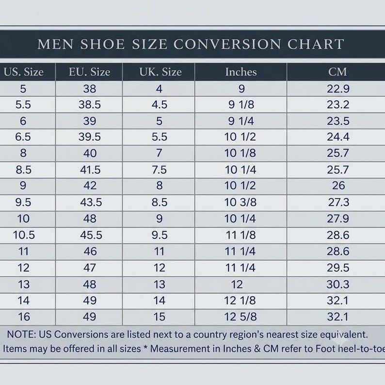 May include: A shoe size conversion chart titled MEN SHOE SIZE CONVERSION CHART. The table displays columns for US Size, EU Size, UK Size, Inches, and CM. It lists numerical values for various shoe sizes and includes a note about US conversions.