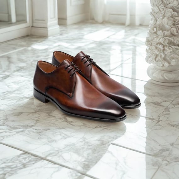 Handmade Brown Leather Derby Shoes: Patina Finish, Formal Footwear