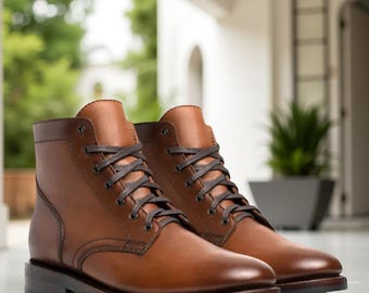 Handmade Brown Leather Ankle Boots: Classic Lace-Up Dress Boots