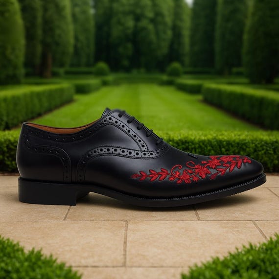 Black Leather Oxford Shoes With Red Embroidery | Handmade  display picture 2