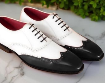 Handmade Leather Wingtip Oxford Shoes | Black and White Dress Shoes