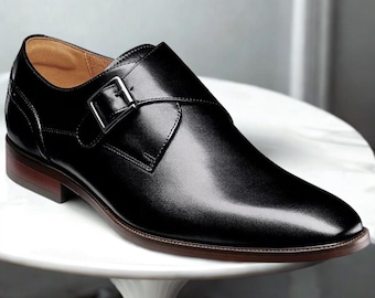 Handmade Black Leather Monk Strap Shoes: Oxford Style Wedding Dress Shoes