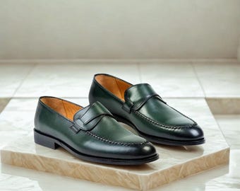 Handmade Green Leather Penny Loafers – Men's Luxury Dress Shoes