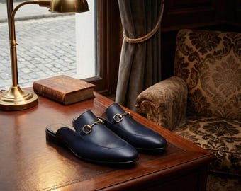 Handmade Blue Leather Horsebit Loafers, Italian Mule Shoes