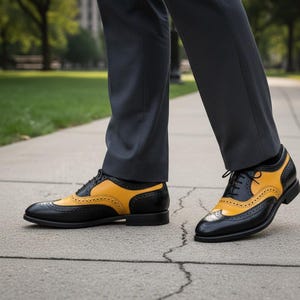 Handgemachte zweifarbige Leder Oxford Brogues – Schwarz & Senfgelbe Flügelspitze Schuhe Bild 6