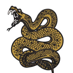May include: Embroidered patch featuring a coiled snake with an open mouth, fangs bared, and a forked tongue. The snake's body is yellow with a black diamond pattern, and the outline is black. The design is on a white background.