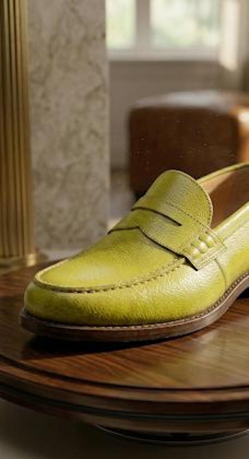 Puede incluir: Un solo mocas&iacute;n de cuero verde lima con una correa de centavo. El zapato tiene una suela marr&oacute;n y est&aacute; colocado sobre una superficie de madera oscura. El cuero tiene un aspecto texturizado y las costuras son visibles en los bordes.
