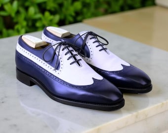 Handmade Two-Tone Leather Oxford Shoes | Navy & White Wingtip