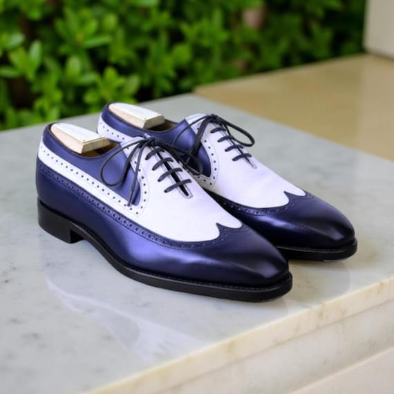 navy blue and white mens dress shoes Handmade Two-tone Leather Oxford Shoes | Navy & White Wingtip