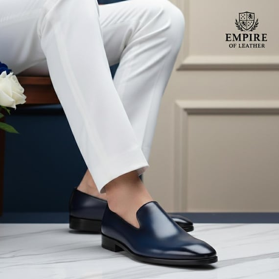 Handmade Blue Leather Loafers – Italian Style Slip-on Dress  display picture 2