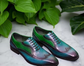 Handgeschilderde leren oxfordschoenen | Groenblauwe brogues met vleugeltip