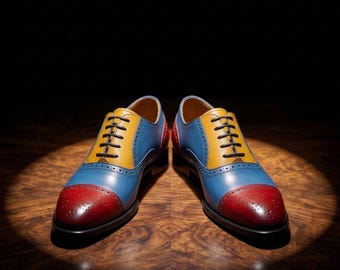 Handgemaakte veelkleurige leren Oxford brogues – Blauwgeelrode geklede schoenen met vleugeltip