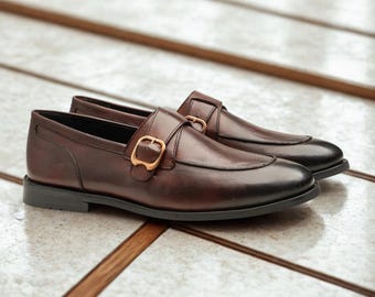 Men's Brown Leather Monk Strap Loafers: Handmade Formal Dress Shoes