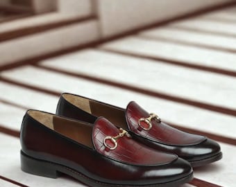Handmade Burgundy Croc Embossed Leather Horsebit Loafers