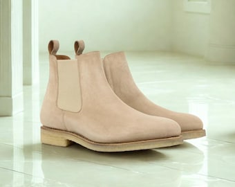 Handmade Beige Suede Chelsea Boots: Minimalist Ankle Boots