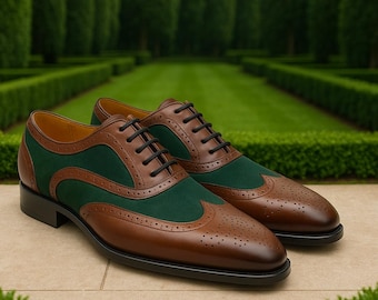 Handgemaakte leren en suède oxfordschoenen voor heren: wingtip-brogues