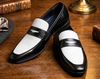 Ręcznie robione czarno-białe skórzane mokasyny typu penny, dwukolorowe buty wizytowe, styl vintage