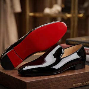 Op de afbeelding: Zwarte lakleren loafers met een glanzende afwerking en een kenmerkende rode zool. De schoenen worden gepresenteerd op een houten oppervlak, wat het strakke ontwerp benadrukt. De merknaam "Christian Louboutin" is zichtbaar.