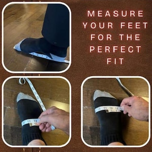May include: Image showing how to measure feet for the perfect fit. The image includes a person's foot being measured with a measuring tape. The text in the image reads: "MEASURE YOUR FEET FOR THE PERFECT FIT."