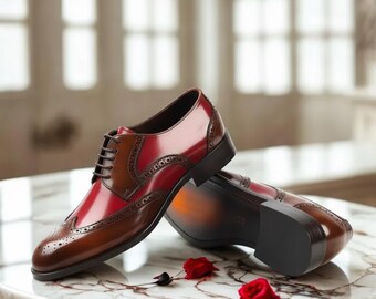 Handgemachte zweifarbige Leder Oxford-Schuhe – Bordeauxrote Brogue Wingtip Brogues