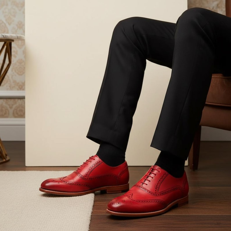 Handmade Red Leather Brogue Dress Shoes | Wingtip Oxford Shoes for Men | Luxury Formal Footwear image 4