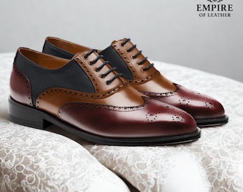 Handgefertigte zweifarbige Leder Brogues – Herren Schnürschuhe mit Flügelspitze