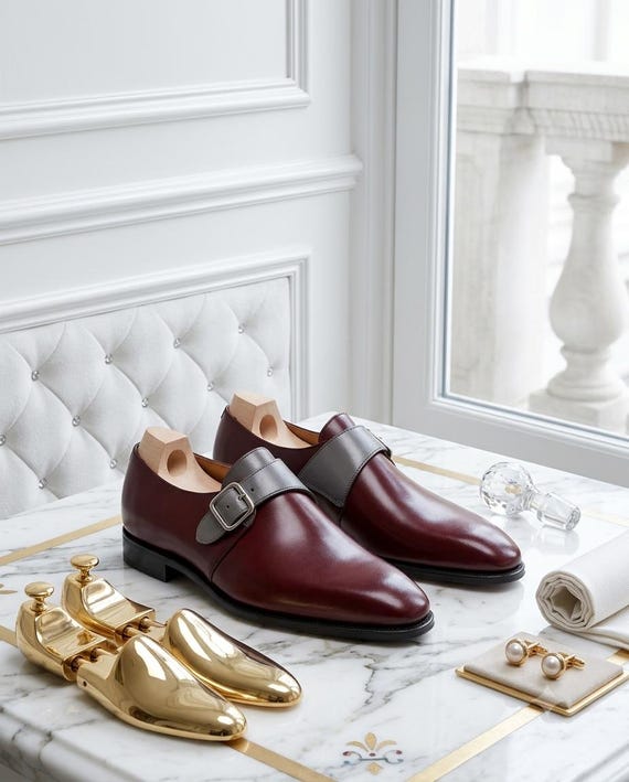 Handmade Burgundy Grey Leather Monk Strap Shoes for Men, Italian Leather Sole Dress Shoes, Custom Formal Wedding Footwear