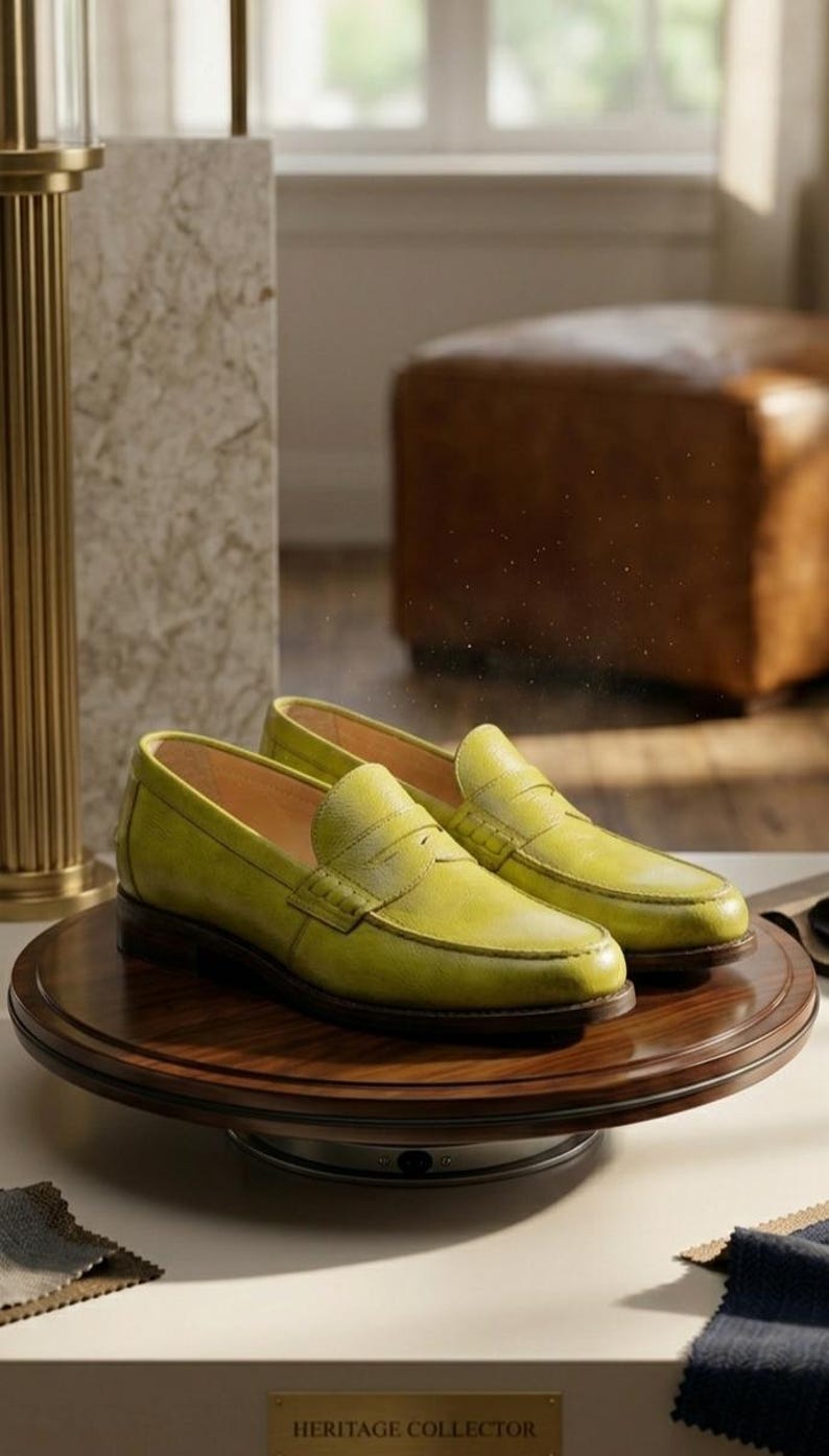Puede incluir: Un par de mocasines de cuero amarillo brillante sobre un expositor de madera. Los zapatos tienen un dise&ntilde;o cl&aacute;sico con punta redondeada y una correa en el empeine. El expositor est&aacute; girando. El texto "HERITAGE COLLECTOR" es visible.