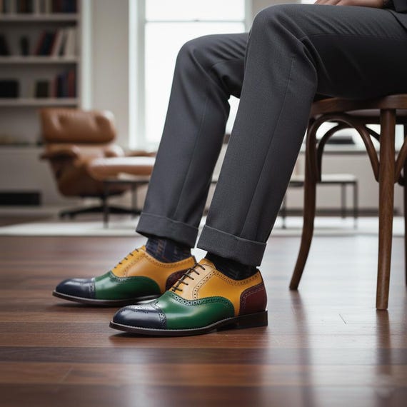 Handmade Multicolor Leather Oxford Shoes, Wingtip Brogue Dress Shoes