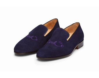 Embroidered "Smile" Navy Suede Loafers: Handmade Velvet Slippers