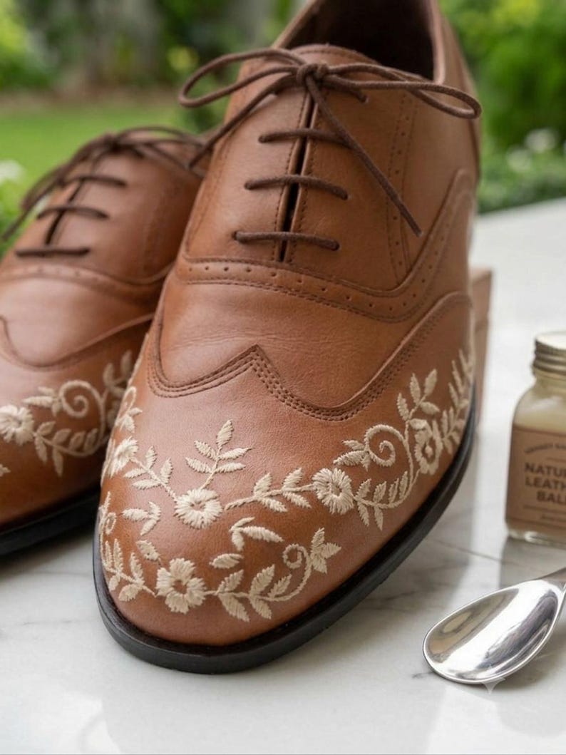 May include: A pair of tan leather oxford shoes featuring a wingtip design with intricate cream-colored floral embroidery on the toe caps. The shoes have brown laces, a low heel, and a dark sole, accompanied by a small glass bottle and a metal spoon.