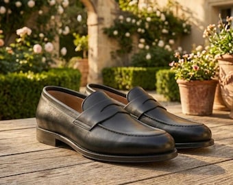 Handmade Black Leather Penny Loafers: Classic Men's Dress Shoes