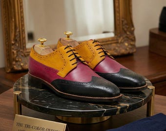 Chaussures richelieu en cuir multicolores faites main - Chaussures de ville richelieu noir moutarde moutarde