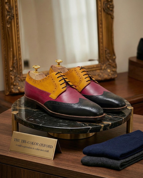 Handmade Multicolor Leather Oxford Shoes  Burgundy Mustard Black Wingtip  Brogue Dress Footwear - Etsy Israel