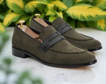 Men's Green Suede Penny Loafers – Handmade Leather Slip-On Dress Shoes | Formal & Casual Style