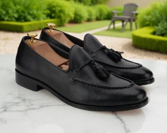 Handmade Black Leather Tassel Loafers - Men's Slip-On Dress Shoes
