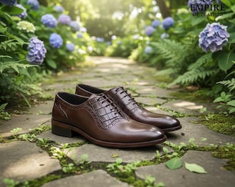 Handmade Brown Leather Oxford Shoes: Crocodile Embossed Men's Dress Shoes