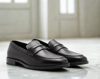 Men’s Black Leather Penny Loafers | Classic Slip-On Dress Shoes | Formal & Business Casual Footwear