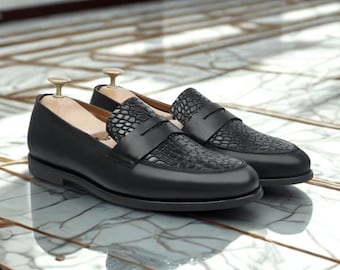 Crocodile Embossed Black Leather Loafers: Handmade Slip-On Dress Shoes