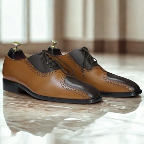 Handgefertigte zweifarbige Leder Oxford Schuhe Braun Hellbraun