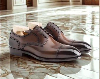 Handmade Brown Leather Oxford Brogue Shoes: Men's Cap-Toe Derby