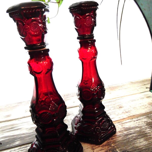 Cape Cod Avon Ruby Red Pair of Candlesticks Vintage