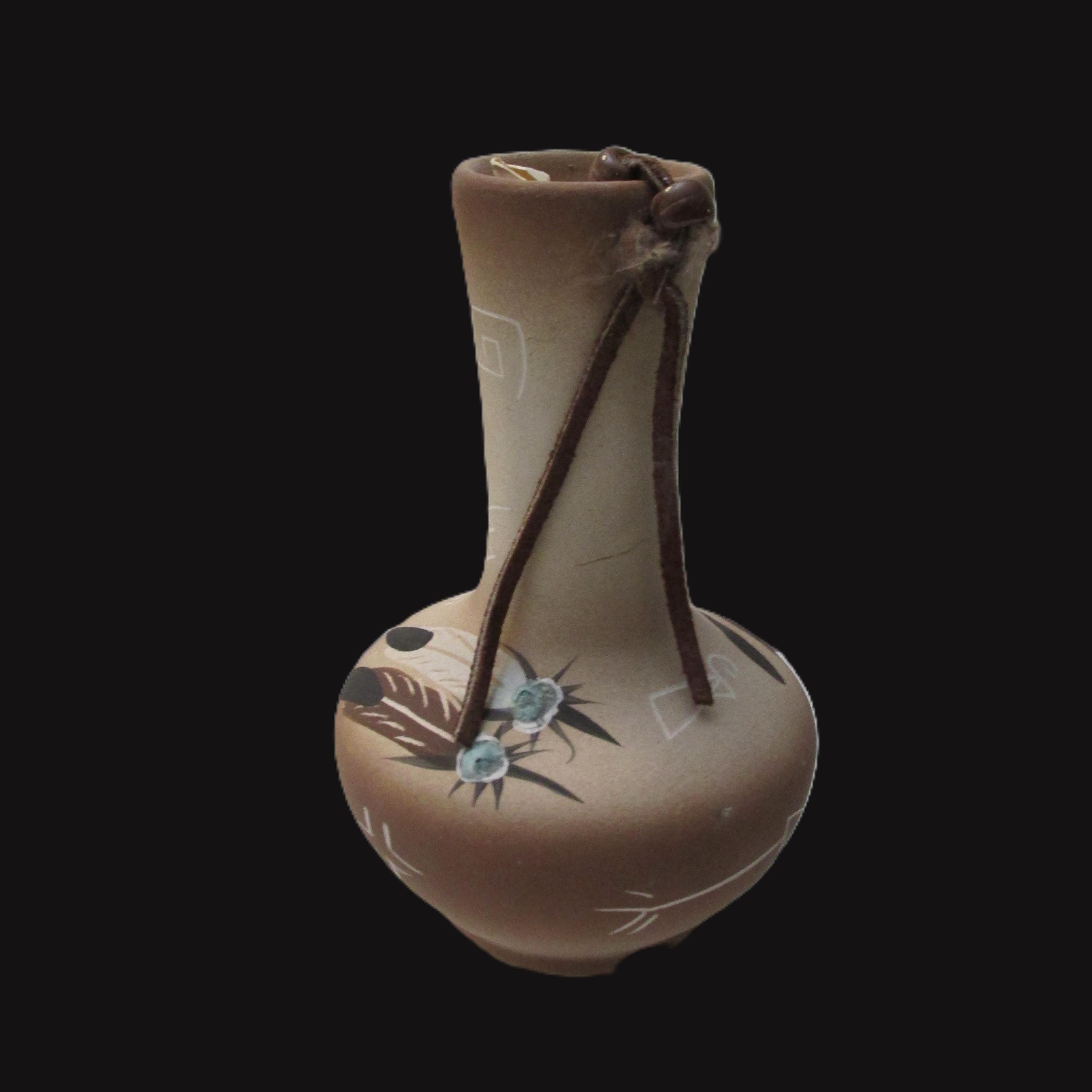 Vintage Betty Selby Southwestern Hand Painted Pottery Vase Leather String and Feather Design