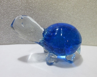 Vintage Blue to Clear Art Glass TURTLE Paperweight