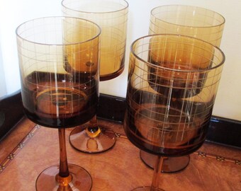 MCM Smokey Brown Amber Etched Grid Pattern Wine or Water Glasses